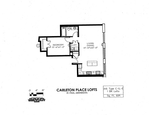 Floor plan for 1 bed, 1 bath, 839 sqft